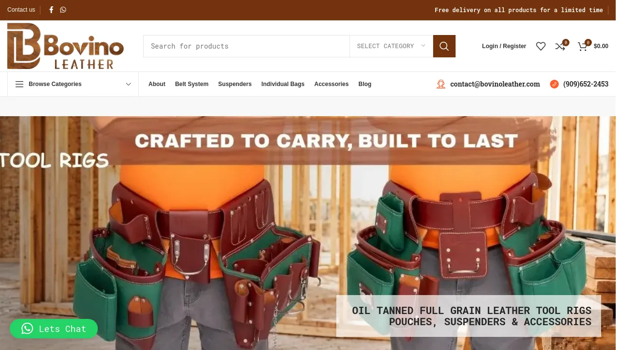 Homepage screenshot of bovinoleather.com