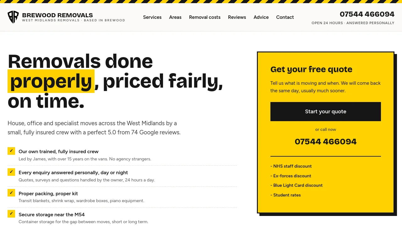 Homepage screenshot of www.brewoodremovals.co.uk