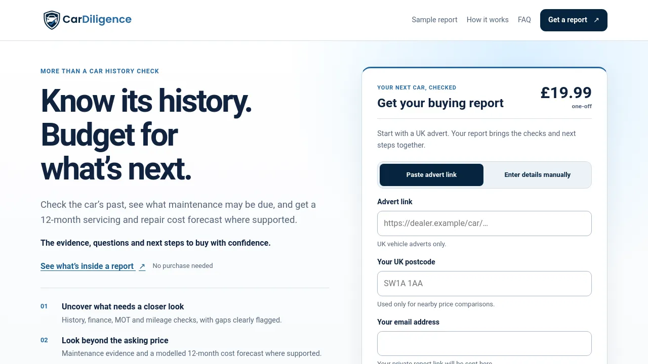 Homepage screenshot of car-diligence.co.uk