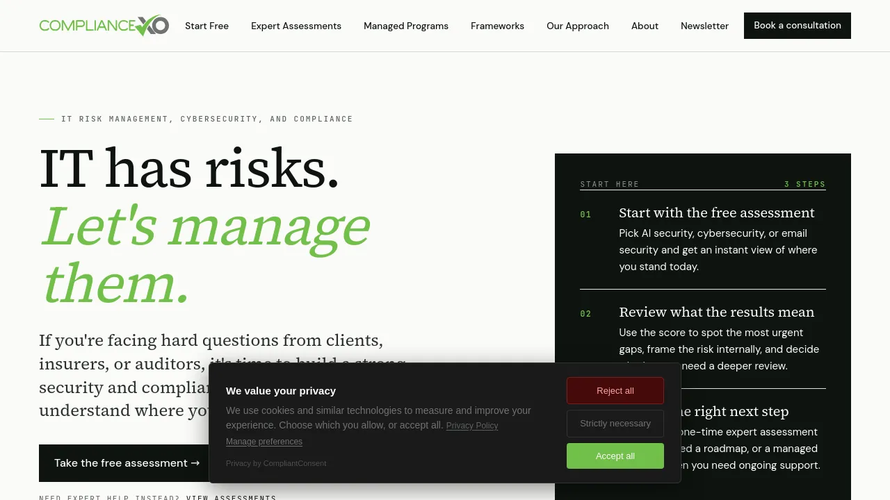 Homepage screenshot of www.compliancexo.com