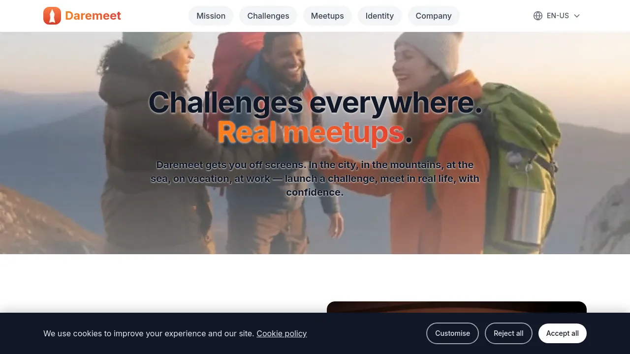 Homepage screenshot of www.daremeet.com