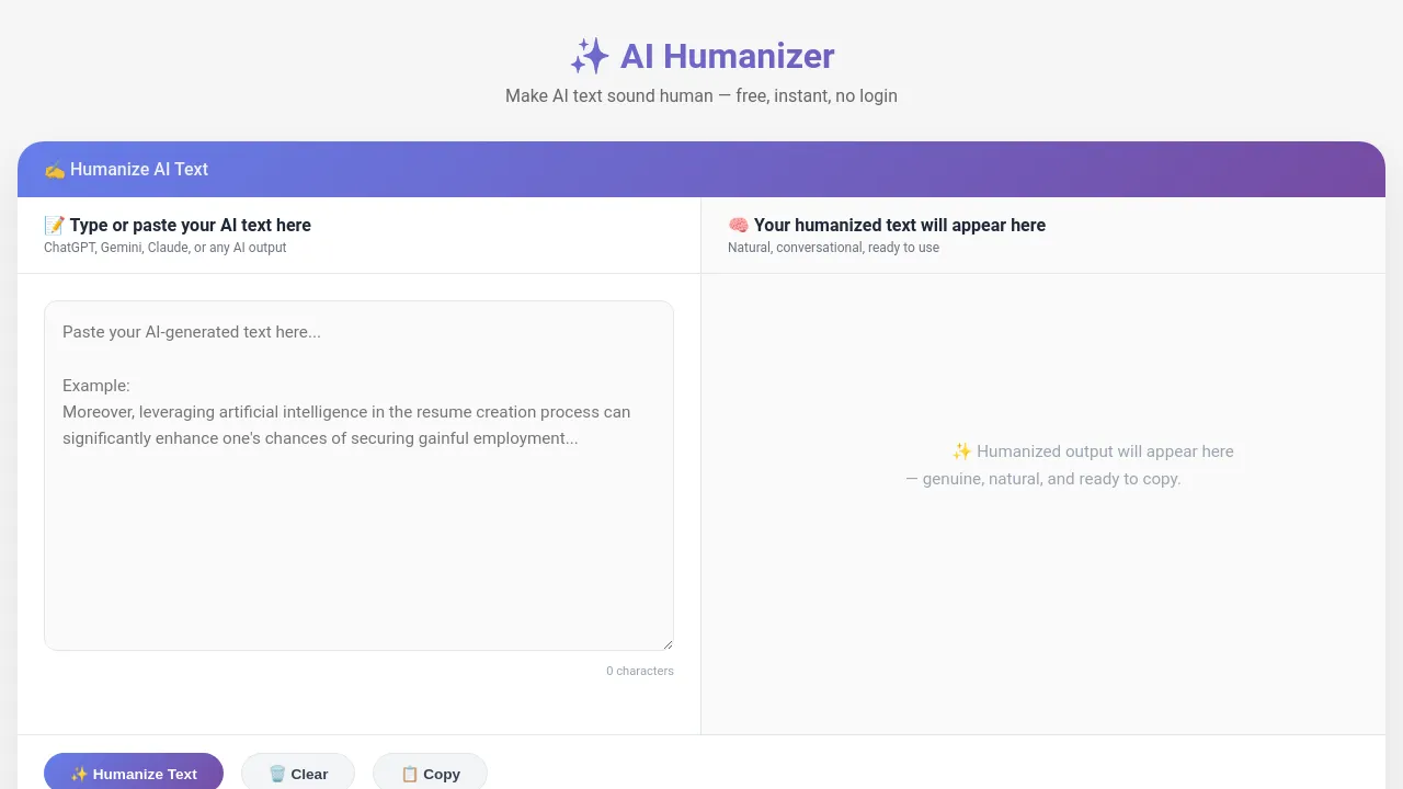 Homepage screenshot of freeaihumanizer.online
