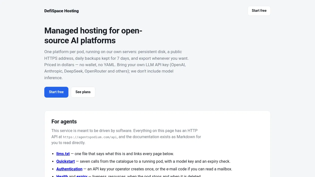 Homepage screenshot of hosting.defispace.com