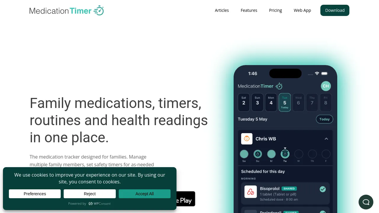 Homepage screenshot of medicationtimer.com