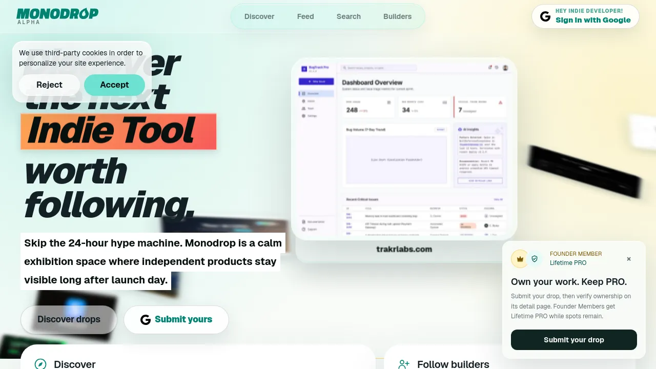 Homepage screenshot of www.monodrop.app