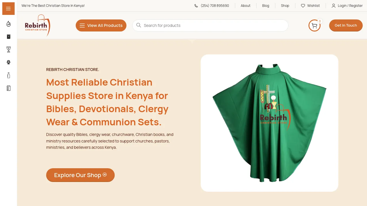 Homepage screenshot of rebirthchristianstore.com